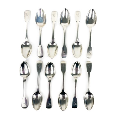 Lot 312 - A William IV silver set if twelve fiddle pattern table spoons by William Bateman.