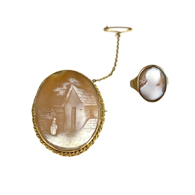 Lot 68 - A 9ct gold mounted shell cameo brooch and 19th century cameo ring.