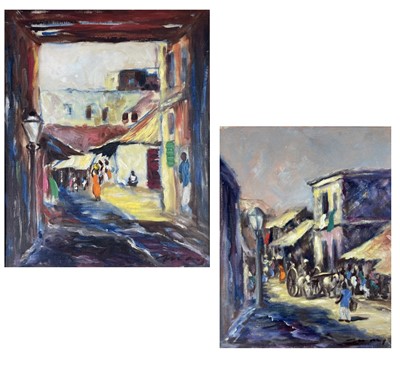 Lot 33 - Two Bombay Street Scenes, oil on panel, indistinctly signed.