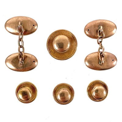 Lot 41 - An Edwardian cased six piece 9ct rose gold cuff links and studs.