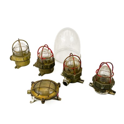 Lot 495 - Five brass marine bulkhead light fittings.