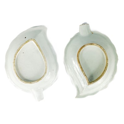 Lot 274 - Two Chinese export blue and white porcelain leaf shaped pickle dishes, Qianlong period.