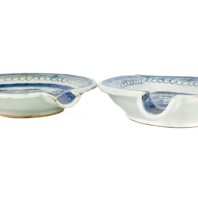 Lot 274 - Two Chinese export blue and white porcelain leaf shaped pickle dishes, Qianlong period.