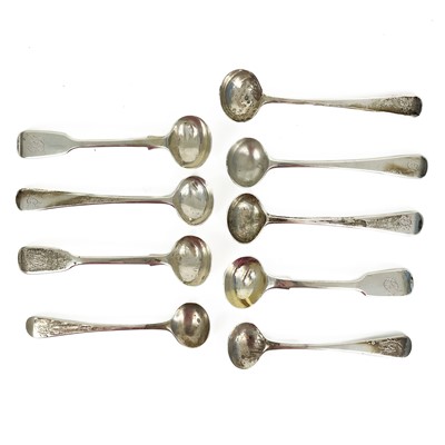 Lot 341 - A collection of nine George III and later mustard spoons.