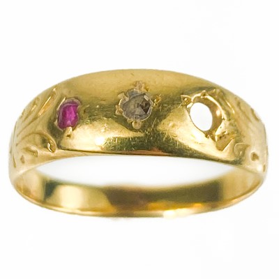 Lot 156 - A Victorian high purity gold diamond and ruby gypsy set ring.