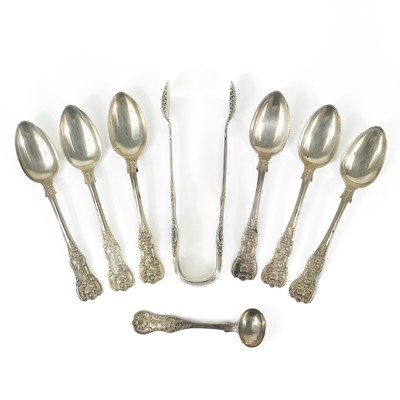 Lot 240 - A Victorian Scottish silver Kings Pattern set of six teaspoons and tongs by John Muir Jr.