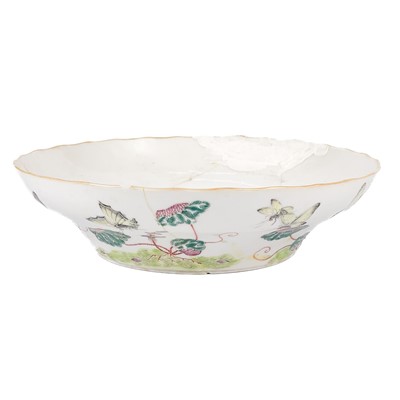 Lot 298 - A Chinese famille verte porcelain shallow bowl, red Jiaqing seal mark.