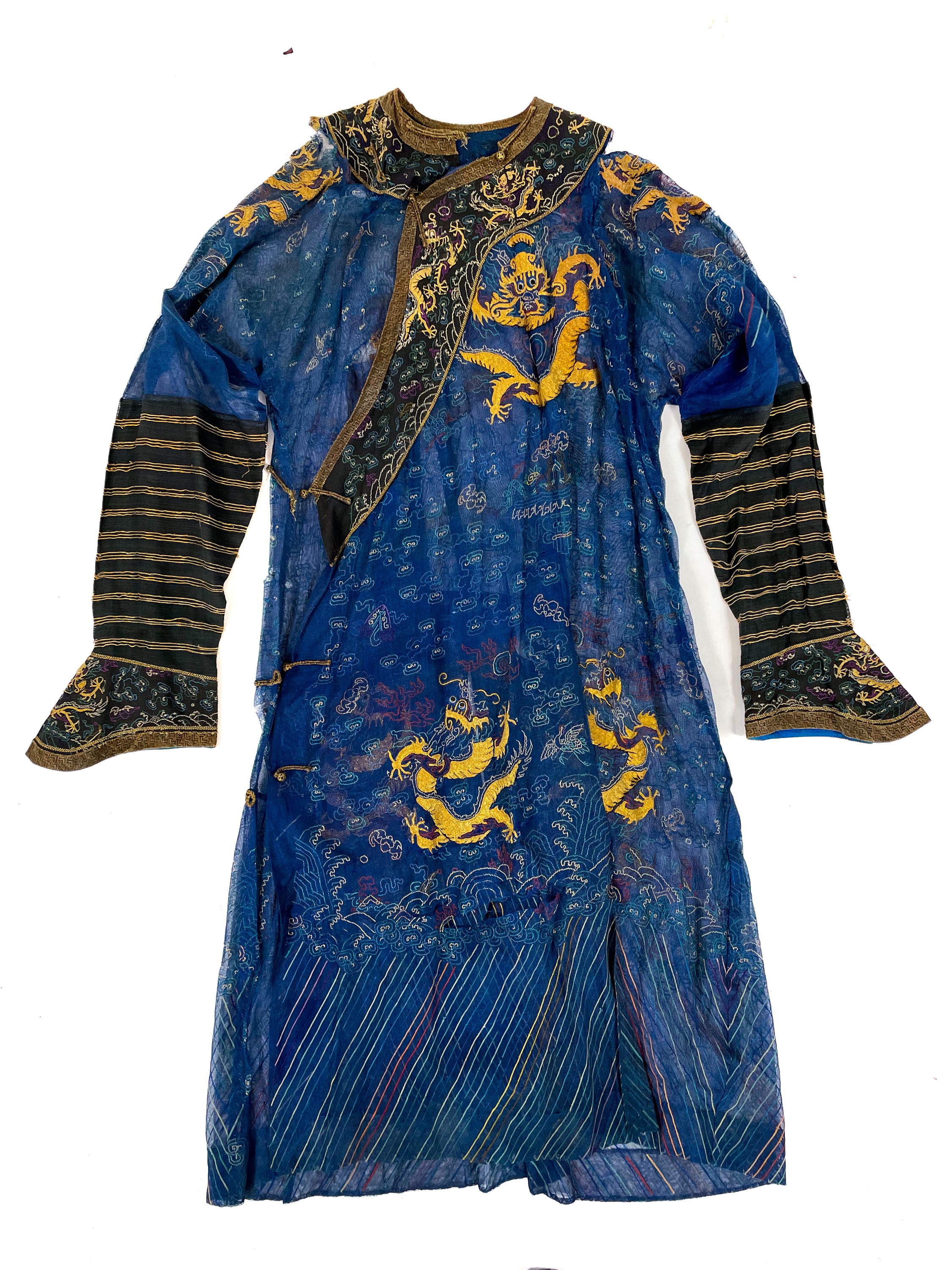 Lot 45 - A Chinese silk embroidered dragon robe, late