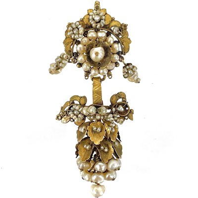 Lot 190 - A 19th century, possibly Indian, high purity gold and pearl set fruiting vine leaf pendant.