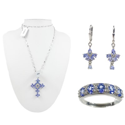 Lot 233 - A silver Tanzanite and white topaz cross pendant necklace, pair of earrings and ring by Gemporia.