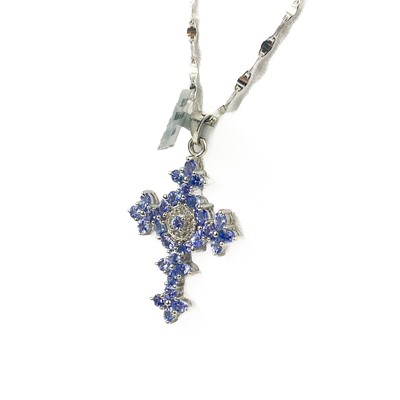 Lot 233 - A silver Tanzanite and white topaz cross pendant necklace, pair of earrings and ring by Gemporia.