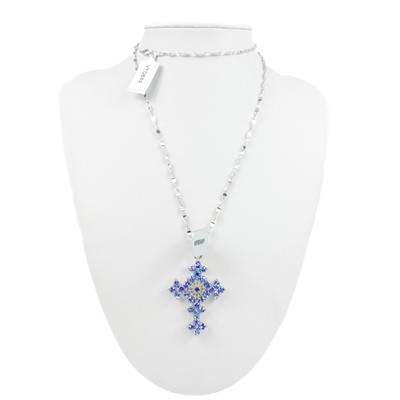 Lot 233 - A silver Tanzanite and white topaz cross pendant necklace, pair of earrings and ring by Gemporia.
