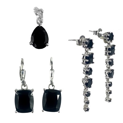 Lot 69 - Two pairs of sterling silver black spinel set earrings and a pendant by Gemporia.