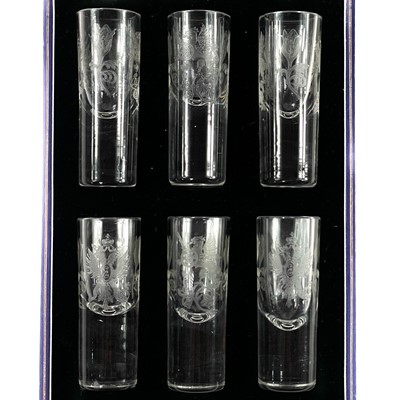Lot 802 - A set of six Russian imperial cylindrical vodka glasses.