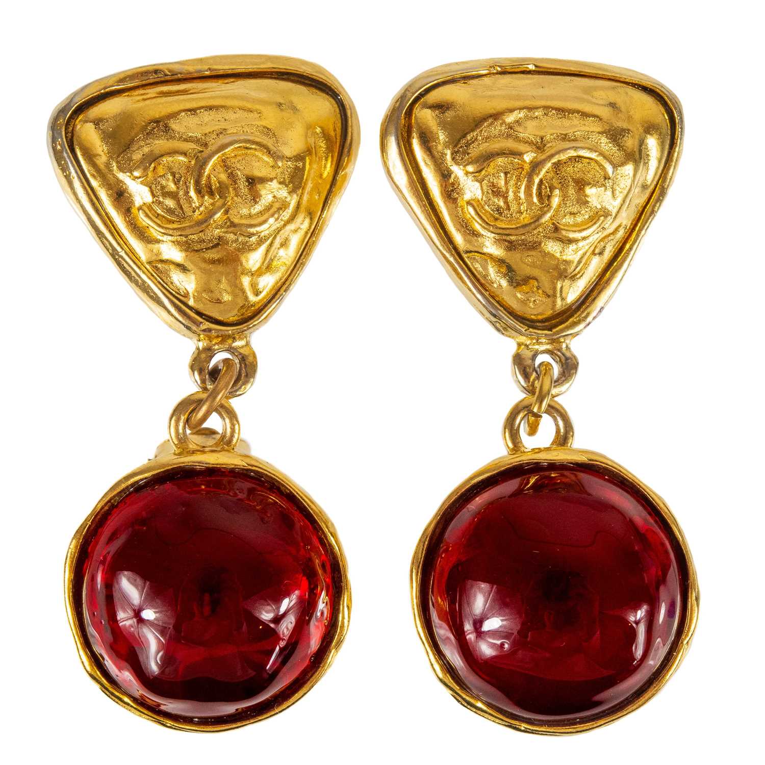 Lot 366 - A pair of Chanel red Gripoix clip earrings.