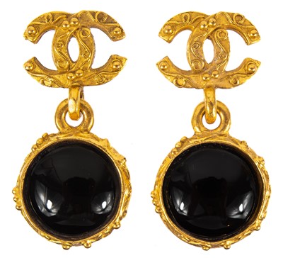 Lot 335 - A Chanel black Gripoix pair of CC pendant earrings.