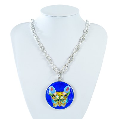 Lot 109 - A contemporary 999 silver French Bulldog cloisonne pendant and necklace by James & Samantha Suddaby.