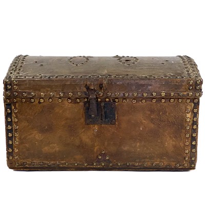 Lot 12 - A studded hide and leather small dome top trunk by J Evans, Bristol.