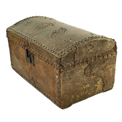 Lot 12 - A studded hide and leather small dome top trunk by J Evans, Bristol.