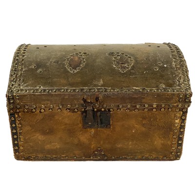 Lot 12 - A studded hide and leather small dome top trunk by J Evans, Bristol.