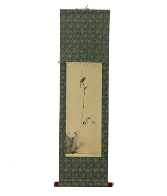 Lot 370 - A Chinese scroll depicting a bird and caterpillar, 20th century.