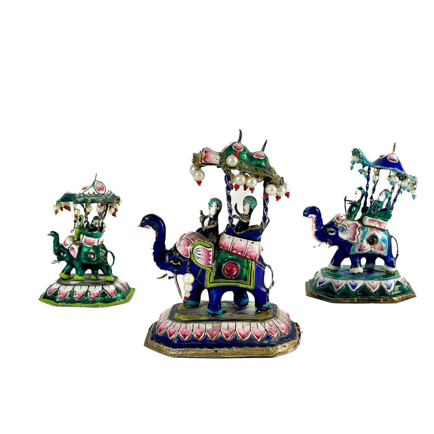 Lot 17 - Three Indian silver and polychrome enamel chess pieces, early-mid 20th century.