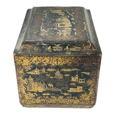 Lot 533 - A large Chinese export lacquer tea caddy with pewter liner, 19th century.