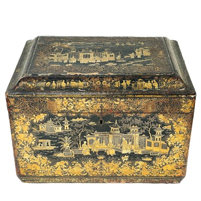 Lot 533 - A large Chinese export lacquer tea caddy with pewter liner, 19th century.