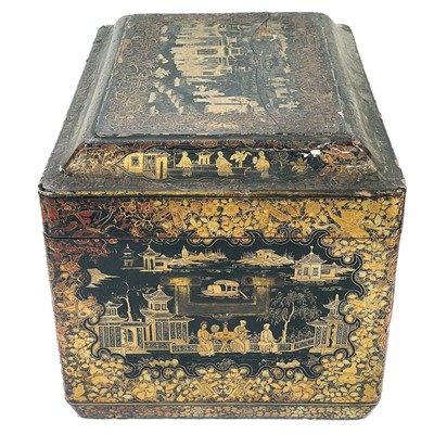 Lot 533 - A large Chinese export lacquer tea caddy with pewter liner, 19th century.