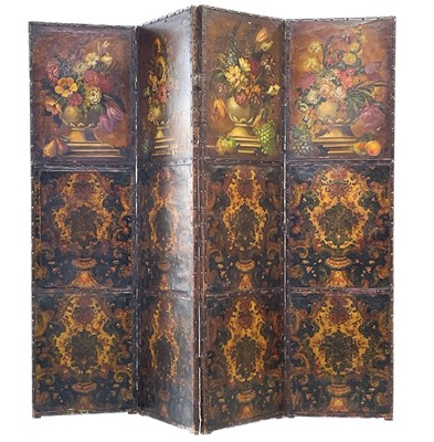 Lot 5 - A painted leather four-fold screen