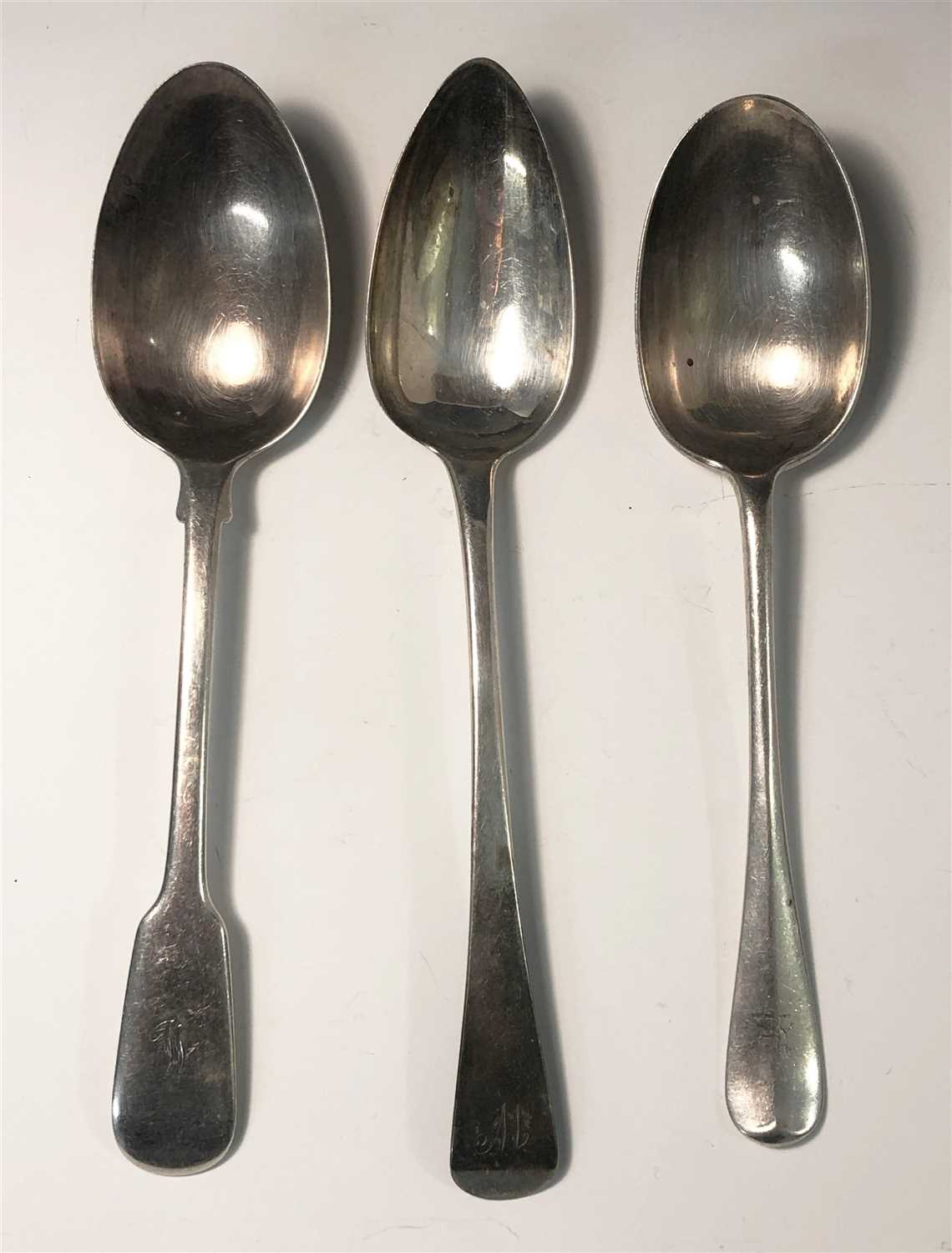 Lot 2028 - Two Georgian silver tablespoons together with...