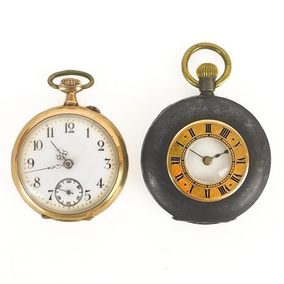 Lot 28 - A 14ct rose gold cased crown wind fob pocket watch and a gun metal half hunter fob.