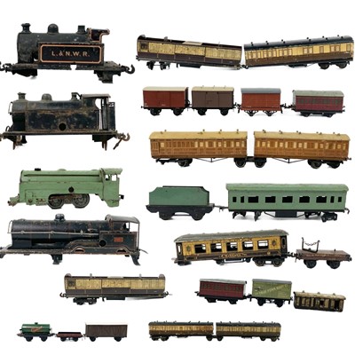 Lot 629 - 0 Gauge Tinplate Wagons, Carriages & Incomplete Locomotive.