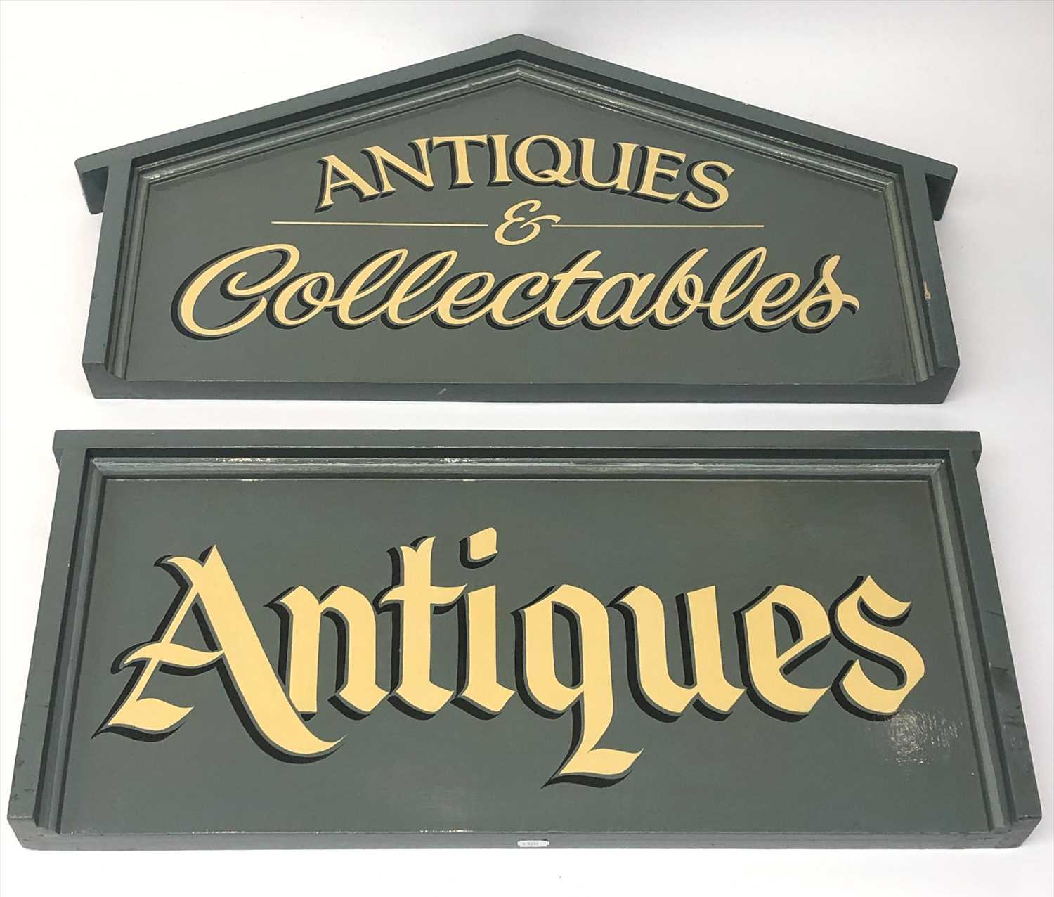 Lot 151 - Two sign written wooden signs 'Antiques' and...