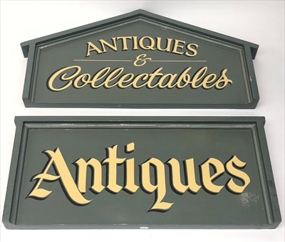 Lot 151 - Two sign written wooden signs 'Antiques' and...