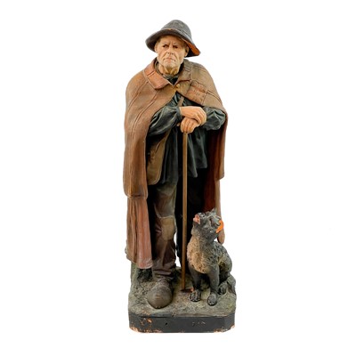 Lot 293 - After Joseph Le Guluche, a painted terracotta figure of the Old Shepherd.