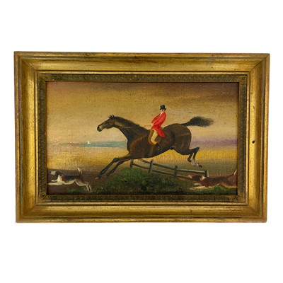 Lot 106 - English School 20th century, A Primitive hunting scene painting.