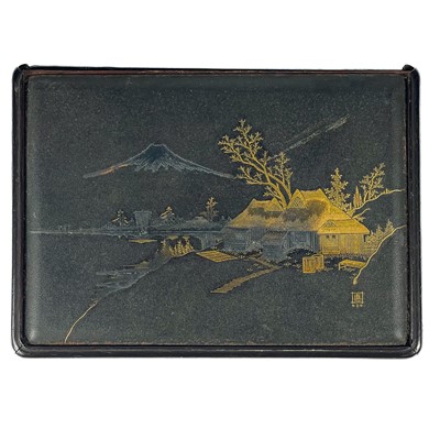 Lot 61 - A Japanese gold and silver inlaid cigarette box, late 19th century.