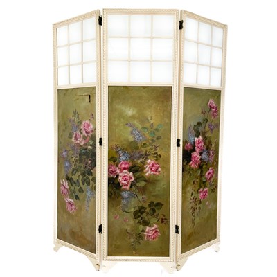 Lot 1961 - An Edwardian three fold double hinge dressing screen.