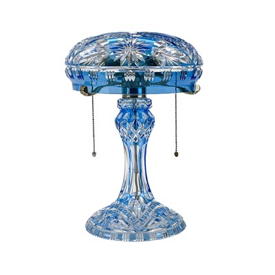 Lot 815 - A blue overlay cut glass mushroom table lamp and shade.