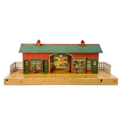 Lot 626 - Hornby 0 Gauge Railway Station, Goods Platform, Signal Box, Crane & Signals.