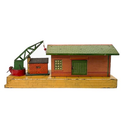 Lot 626 - Hornby 0 Gauge Railway Station, Goods Platform, Signal Box, Crane & Signals.