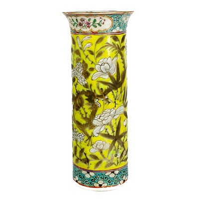 Lot 444 - A Chinese yellow ground cylindrical vase, late 19th century.