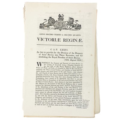 Lot 927 - Parliamentary Acts from Queen Anne to Victoria Bearing the Royal Coats of Arms Relating to Cornwall