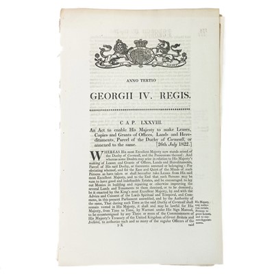 Lot 927 - Parliamentary Acts from Queen Anne to Victoria Bearing the Royal Coats of Arms Relating to Cornwall