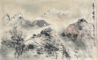 Lot 251 - A Chinese painting on silk of a mountainous landscape, early 20th century.