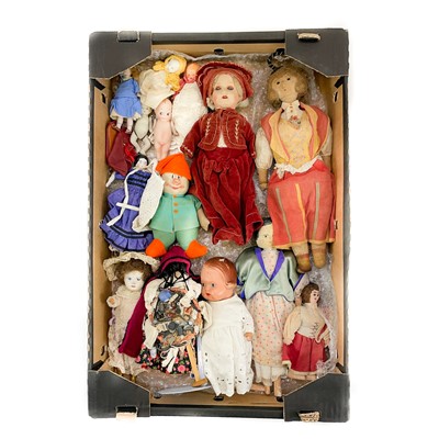 Lot 845 - A Varied Collection of 13 Dolls Including Pedlar Doll, Kewpie Doll & Porcelain Headed.