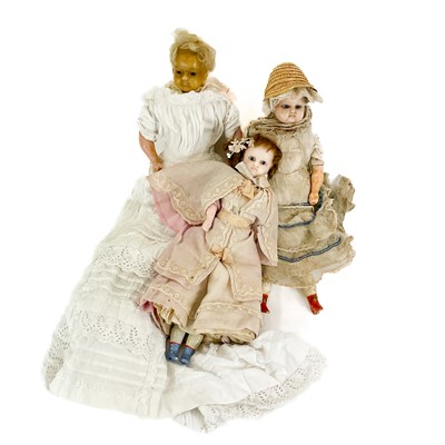 Lot 850 - Wooden Cradle With 3 Wax Headed 19th Century Dolls.