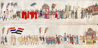 Lot 101 - Two Chinese rice paper paintings of a procession. late 19th/early 20th century.
