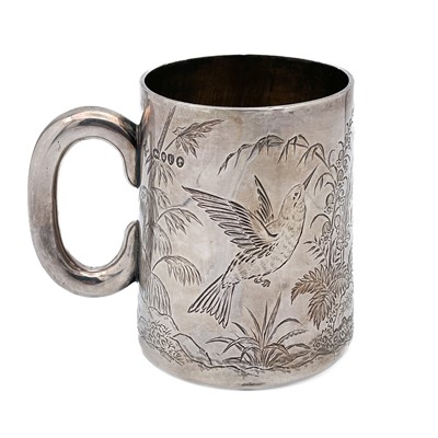 Lot 17 - A Victorian silver Aesthetic design mug retailed by Goldsmiths Alliance Limited.